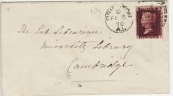 1870 Brighton to Cambridge QV 1d Red on Envelope (76599)
