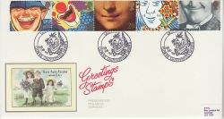 1990-02-05 Greetings Stamps Clowne PPS Silk FDC (77060)