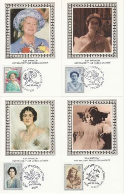 1990-08-04 Queen Mother 90th x4 Benham Cards Souv (80964)