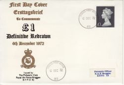 1972-12-06 £1 Definitive RAF Bruggen Forces cds FDC (82788)