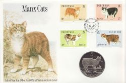 1989-02-08 IOM Manx Cats Stamps + Crown Coin FDC (83850)