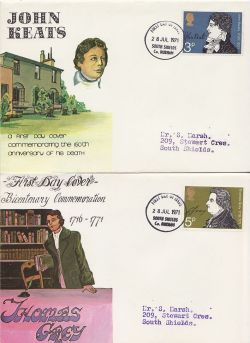 1971-07-28 Literary Anniversaries S Shields x 3 FDC (84478)