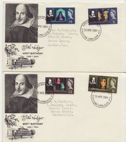 1964-04-23 Shakespeare Stamps Stratford upon Avon x2 FDC (86517)