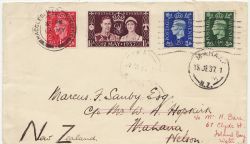 1937-05-13 Coronation + Definitive Macclesfield to NZ FDC (86972