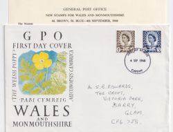 1968-09-04 Wales Definitive Stamps Cardiff FDC (88942)